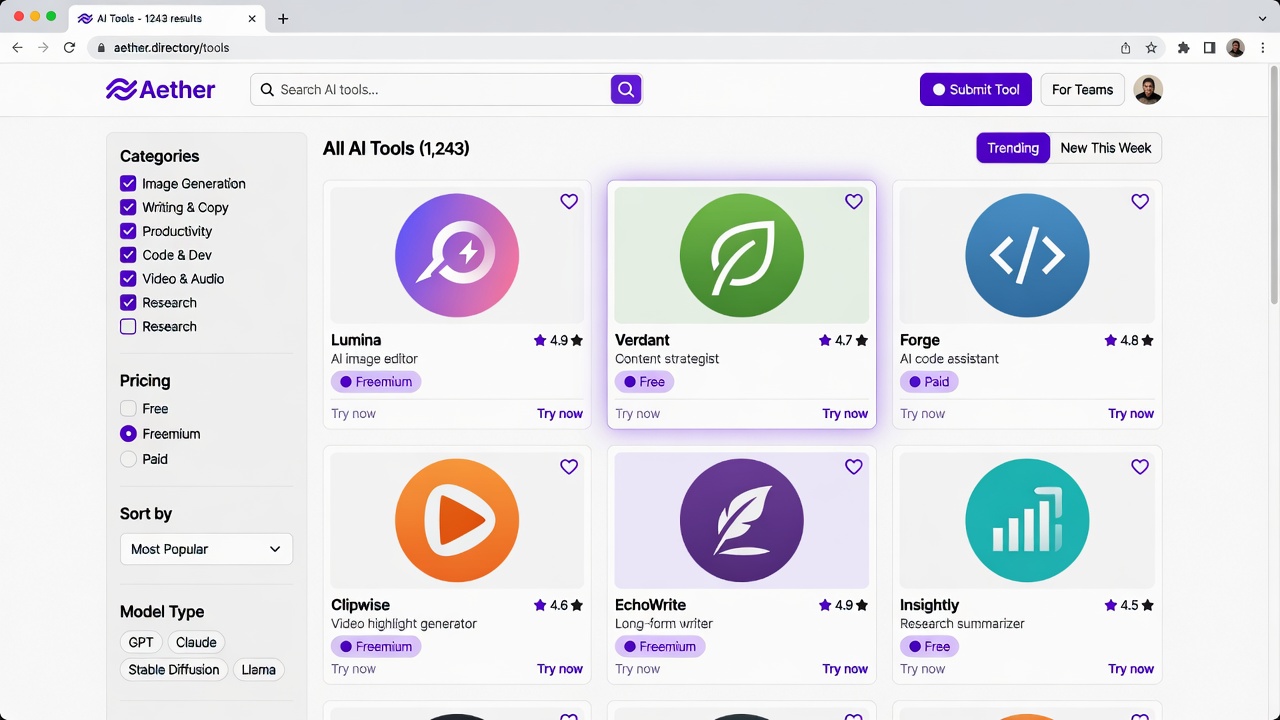 AInexfinder-style AI tools directory interface showing tool cards and filters