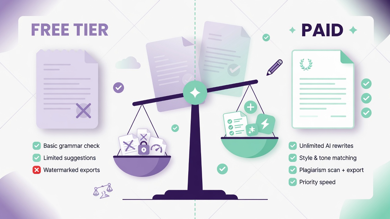 Illustration of a checklist and balance scale comparing free tier versus paid AI tools
