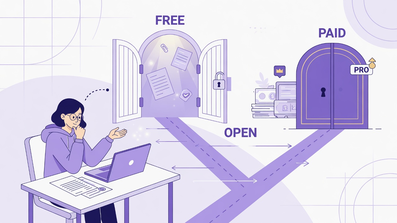 Illustration of a writer choosing between free and paid AI tool paths